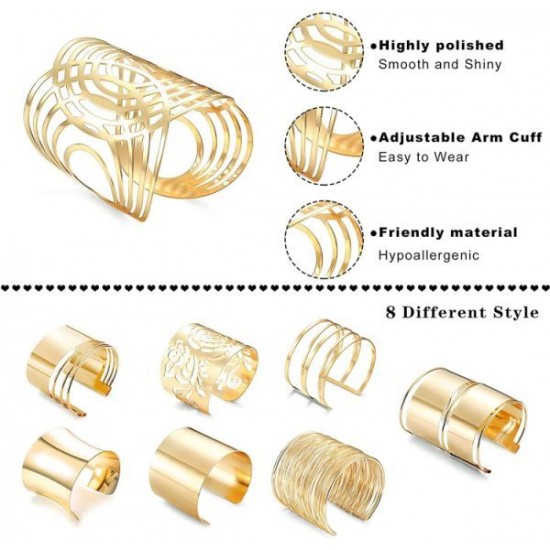 8Pcs Gold Cuff Bangle Bracelets For Women Girls Hypoallergenic Open Wide Wire Bracelets Arm Cuff Adjustable Wrist Jewelry Set